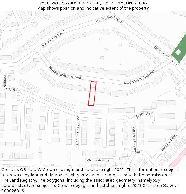 25, HAWTHYLANDS CRESCENT, HAILSHAM, BN27 1HG: Location map and indicative extent of plot