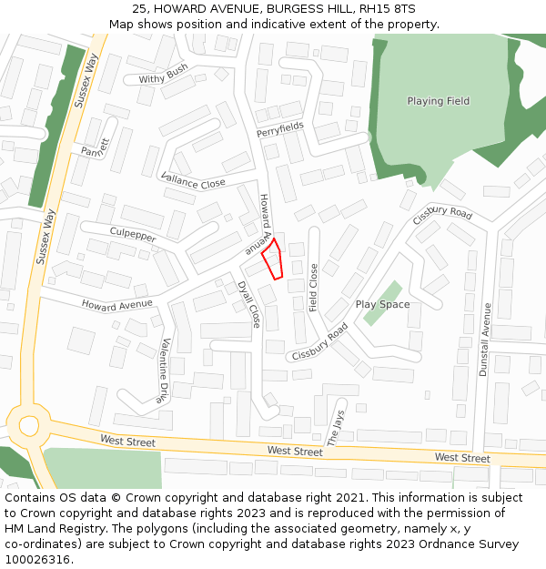 25, HOWARD AVENUE, BURGESS HILL, RH15 8TS: Location map and indicative extent of plot