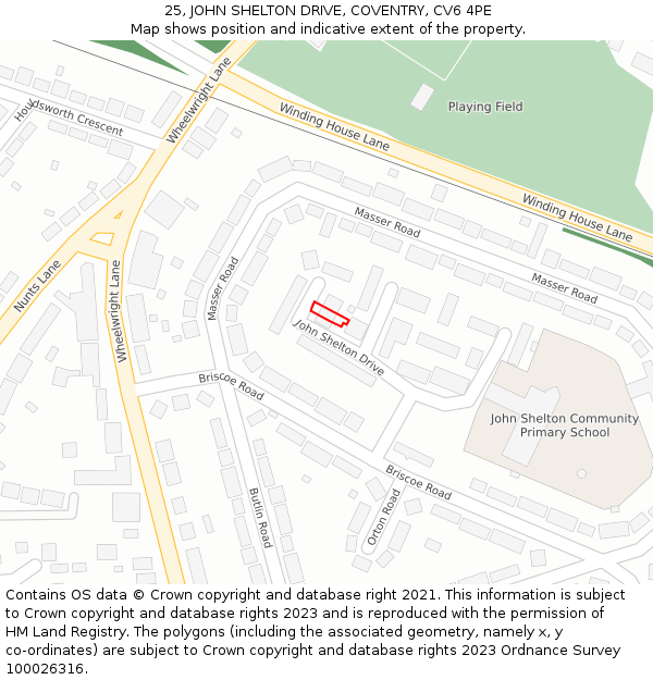 25, JOHN SHELTON DRIVE, COVENTRY, CV6 4PE: Location map and indicative extent of plot