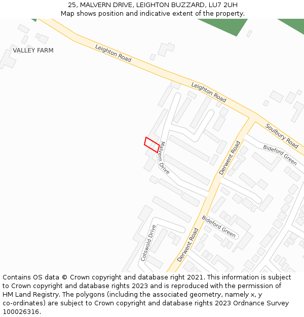 25, MALVERN DRIVE, LEIGHTON BUZZARD, LU7 2UH: Location map and indicative extent of plot