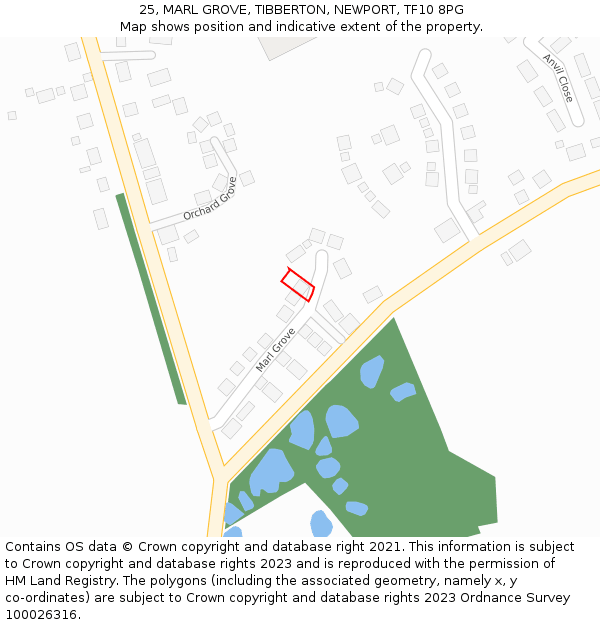 25, MARL GROVE, TIBBERTON, NEWPORT, TF10 8PG: Location map and indicative extent of plot