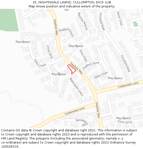 25, NIGHTINGALE LAWNS, CULLOMPTON, EX15 1UB: Location map and indicative extent of plot