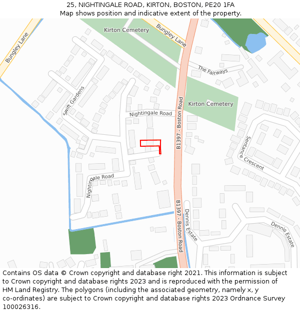 25, NIGHTINGALE ROAD, KIRTON, BOSTON, PE20 1FA: Location map and indicative extent of plot