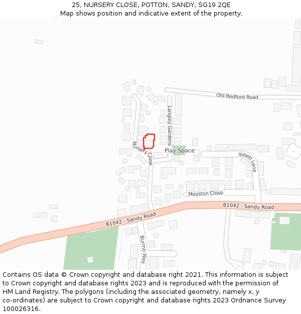 25, NURSERY CLOSE, POTTON, SANDY, SG19 2QE: Location map and indicative extent of plot