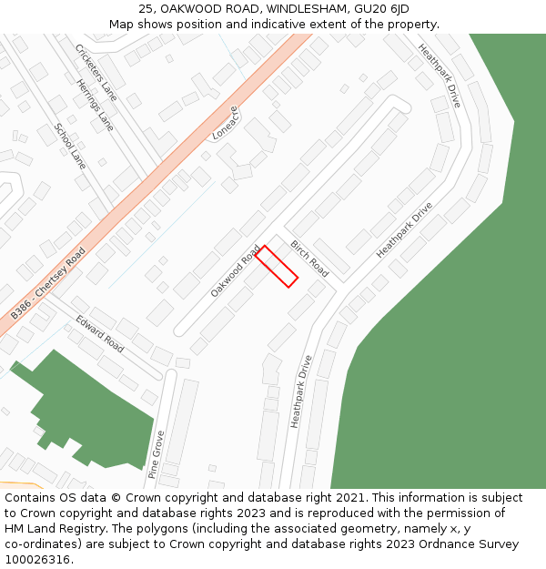 25, OAKWOOD ROAD, WINDLESHAM, GU20 6JD: Location map and indicative extent of plot