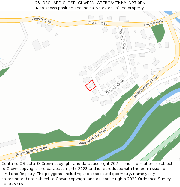 25, ORCHARD CLOSE, GILWERN, ABERGAVENNY, NP7 0EN: Location map and indicative extent of plot