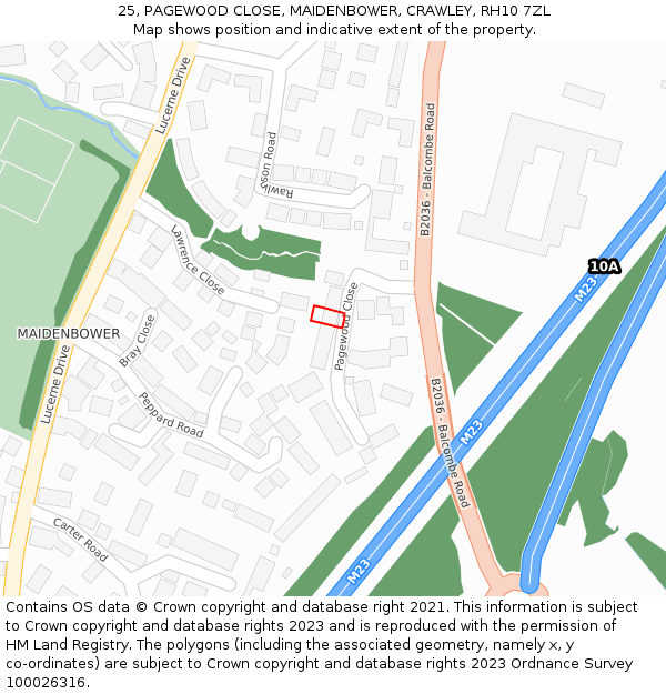 25, PAGEWOOD CLOSE, MAIDENBOWER, CRAWLEY, RH10 7ZL: Location map and indicative extent of plot