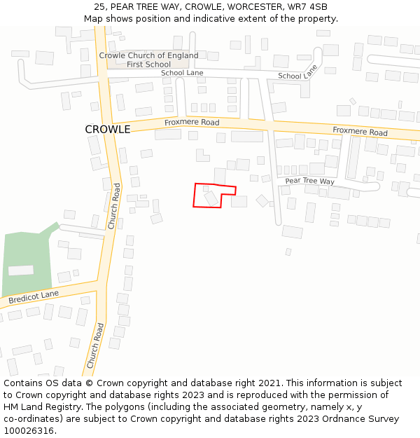 25, PEAR TREE WAY, CROWLE, WORCESTER, WR7 4SB: Location map and indicative extent of plot