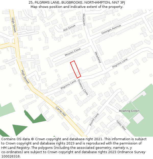 25, PILGRIMS LANE, BUGBROOKE, NORTHAMPTON, NN7 3PJ: Location map and indicative extent of plot