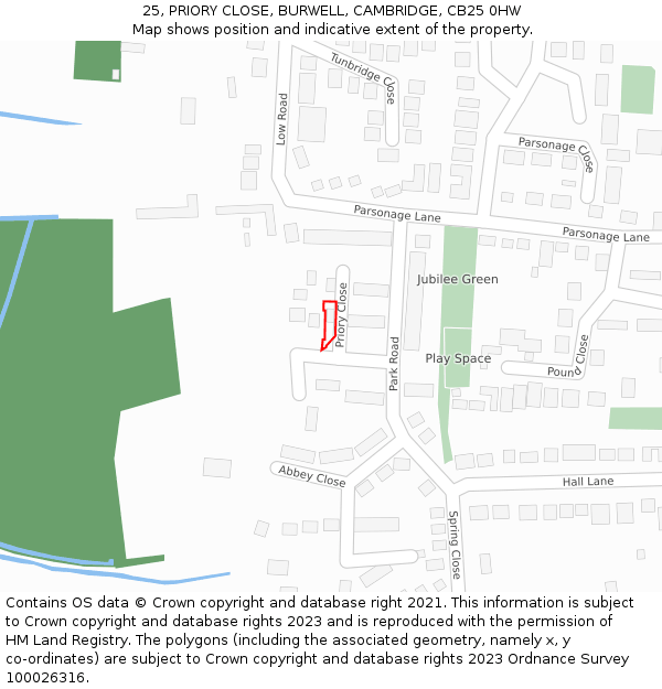 25, PRIORY CLOSE, BURWELL, CAMBRIDGE, CB25 0HW: Location map and indicative extent of plot