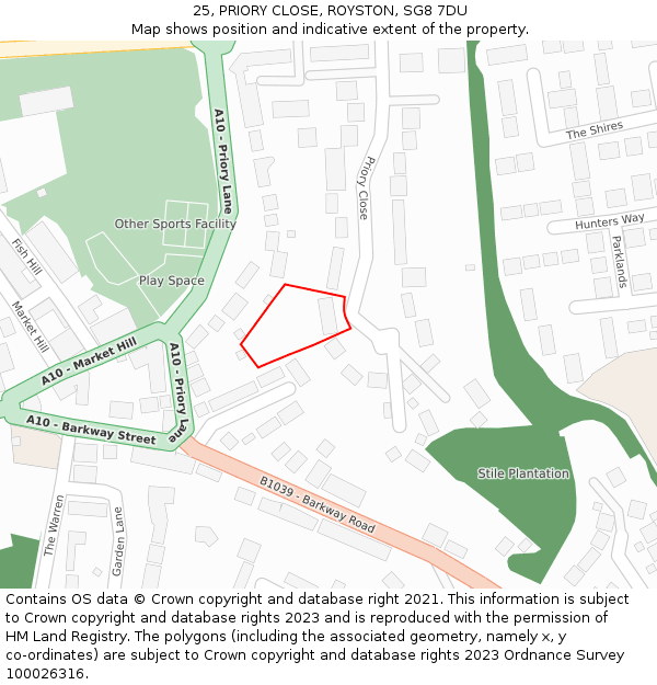 25, PRIORY CLOSE, ROYSTON, SG8 7DU: Location map and indicative extent of plot