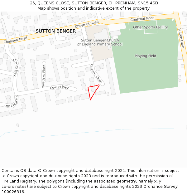 25, QUEENS CLOSE, SUTTON BENGER, CHIPPENHAM, SN15 4SB: Location map and indicative extent of plot