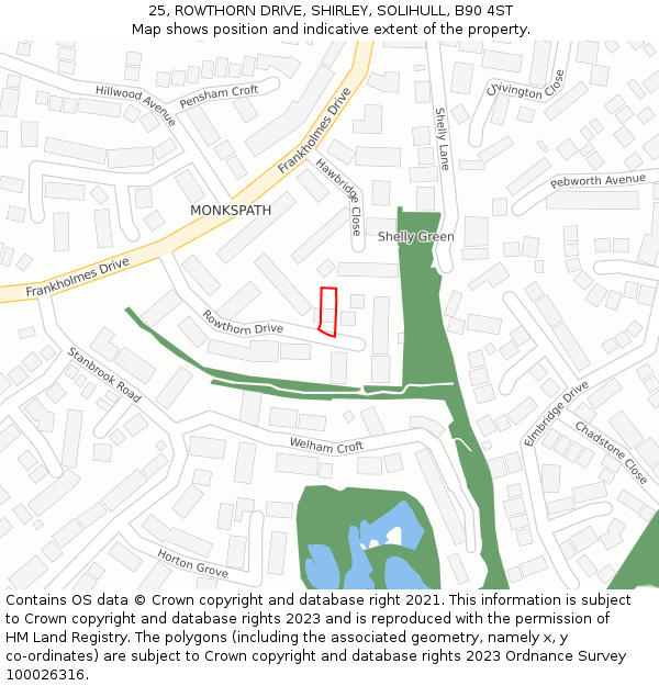 25, ROWTHORN DRIVE, SHIRLEY, SOLIHULL, B90 4ST: Location map and indicative extent of plot