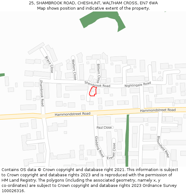 25, SHAMBROOK ROAD, CHESHUNT, WALTHAM CROSS, EN7 6WA: Location map and indicative extent of plot