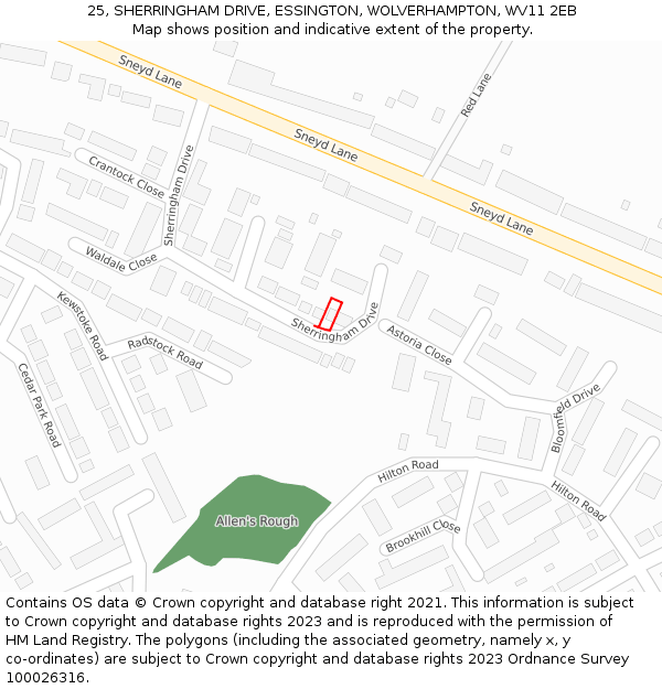 25, SHERRINGHAM DRIVE, ESSINGTON, WOLVERHAMPTON, WV11 2EB: Location map and indicative extent of plot