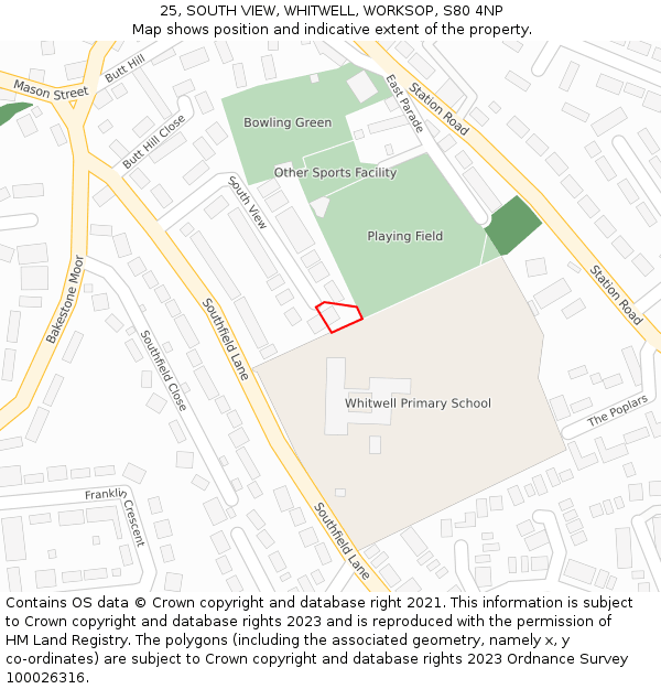 25, SOUTH VIEW, WHITWELL, WORKSOP, S80 4NP: Location map and indicative extent of plot