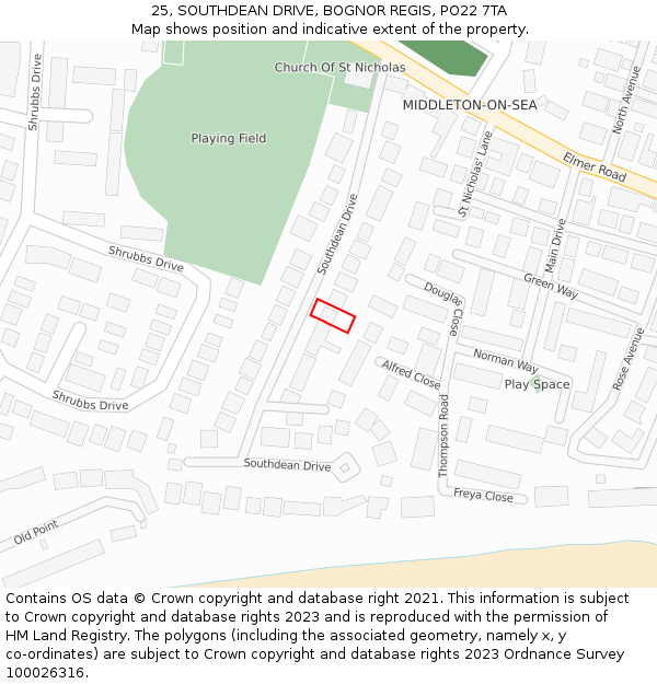 25, SOUTHDEAN DRIVE, BOGNOR REGIS, PO22 7TA: Location map and indicative extent of plot