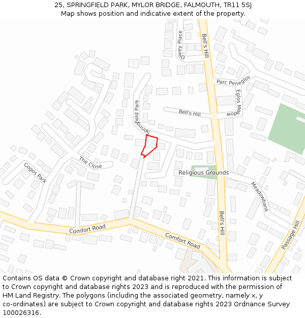 25, SPRINGFIELD PARK, MYLOR BRIDGE, FALMOUTH, TR11 5SJ: Location map and indicative extent of plot