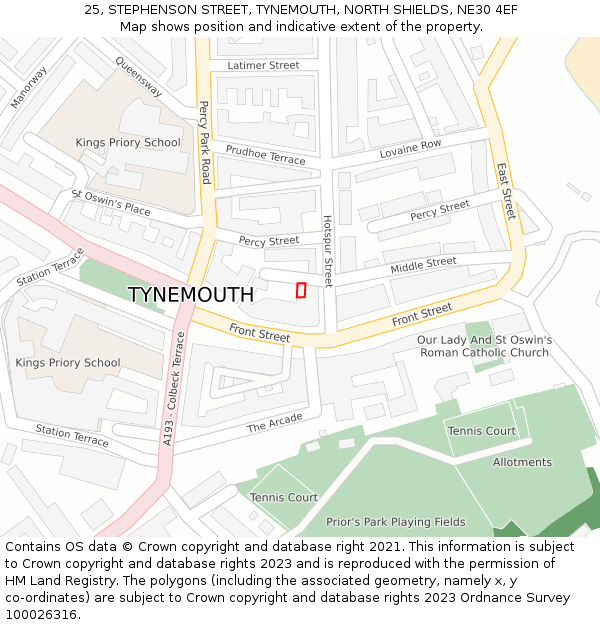 25, STEPHENSON STREET, TYNEMOUTH, NORTH SHIELDS, NE30 4EF: Location map and indicative extent of plot