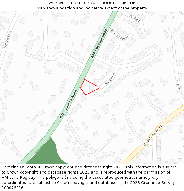 25, SWIFT CLOSE, CROWBOROUGH, TN6 1UN: Location map and indicative extent of plot