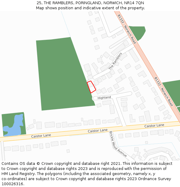 25, THE RAMBLERS, PORINGLAND, NORWICH, NR14 7QN: Location map and indicative extent of plot