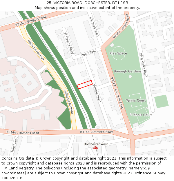 25, VICTORIA ROAD, DORCHESTER, DT1 1SB: Location map and indicative extent of plot