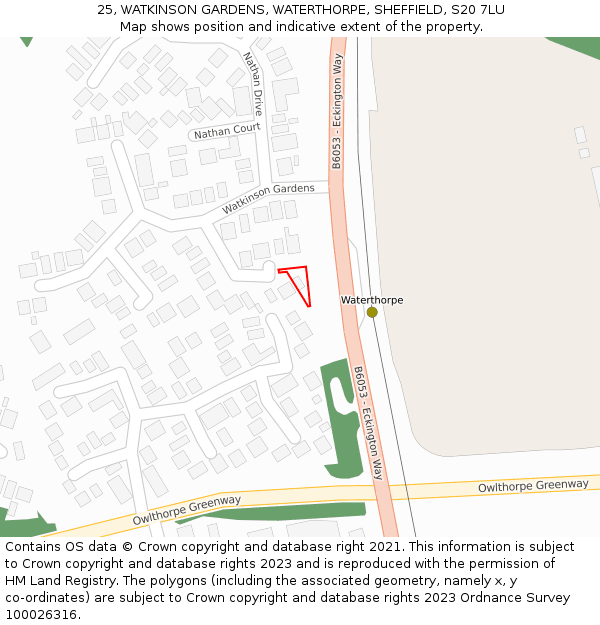 25, WATKINSON GARDENS, WATERTHORPE, SHEFFIELD, S20 7LU: Location map and indicative extent of plot