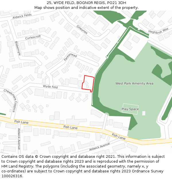 25, WYDE FELD, BOGNOR REGIS, PO21 3DH: Location map and indicative extent of plot