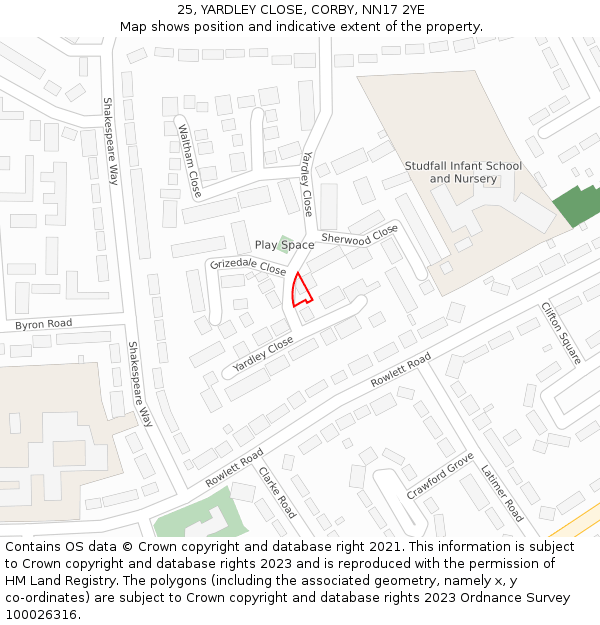 25, YARDLEY CLOSE, CORBY, NN17 2YE: Location map and indicative extent of plot