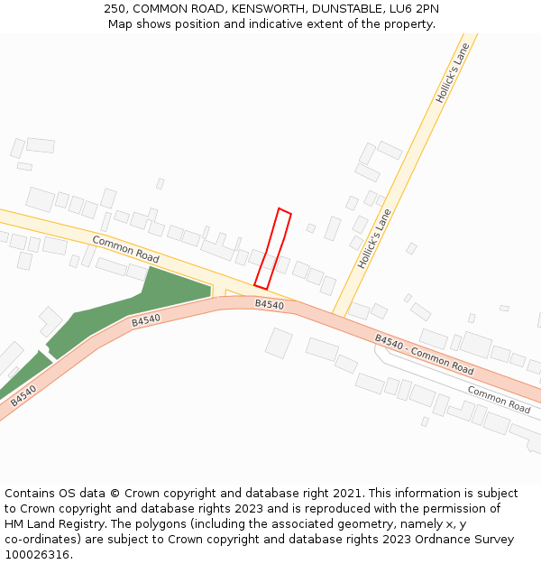 250, COMMON ROAD, KENSWORTH, DUNSTABLE, LU6 2PN: Location map and indicative extent of plot