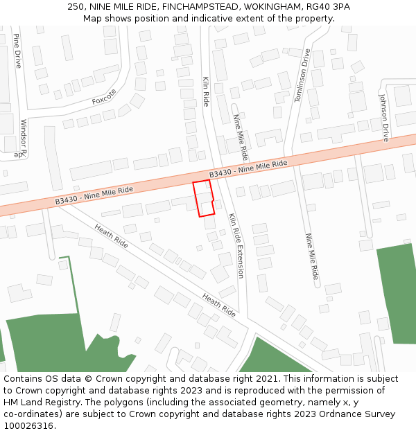 250, NINE MILE RIDE, FINCHAMPSTEAD, WOKINGHAM, RG40 3PA: Location map and indicative extent of plot