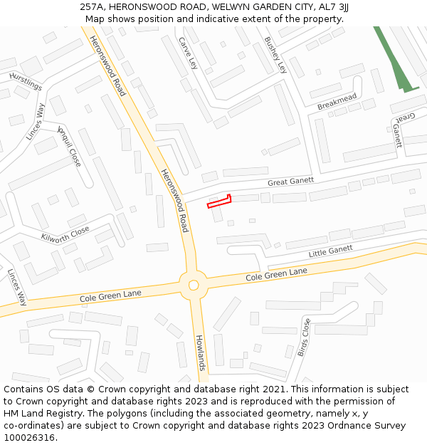 257A, HERONSWOOD ROAD, WELWYN GARDEN CITY, AL7 3JJ: Location map and indicative extent of plot