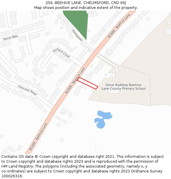 259, BEEHIVE LANE, CHELMSFORD, CM2 9SJ: Location map and indicative extent of plot