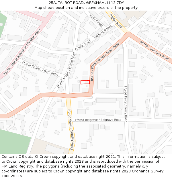 25A, TALBOT ROAD, WREXHAM, LL13 7DY: Location map and indicative extent of plot