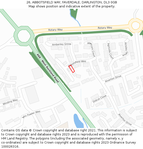 26, ABBOTSFIELD WAY, FAVERDALE, DARLINGTON, DL3 0GB: Location map and indicative extent of plot