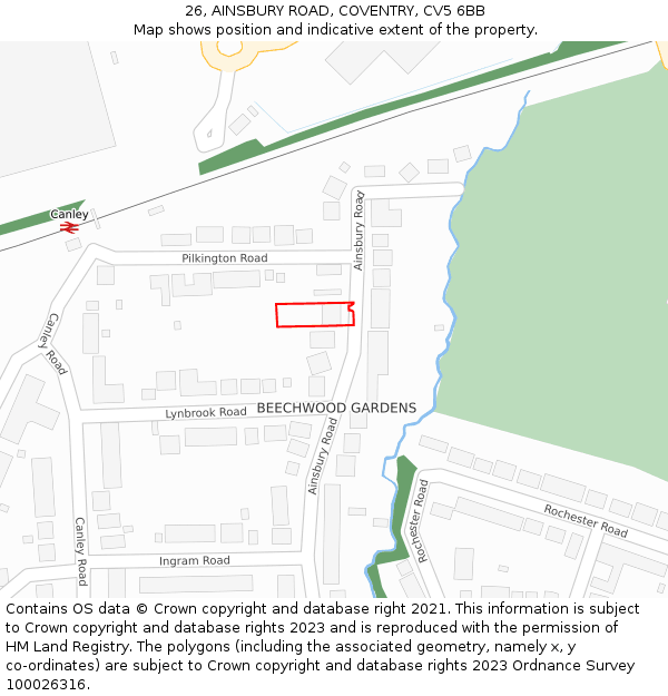 26, AINSBURY ROAD, COVENTRY, CV5 6BB: Location map and indicative extent of plot