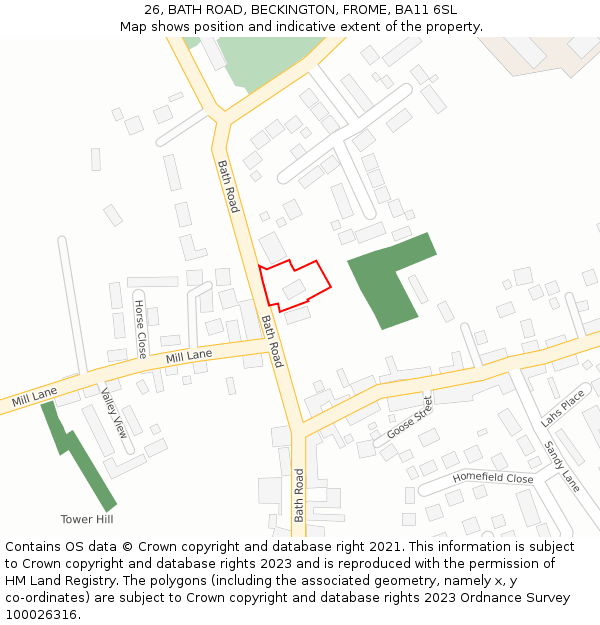 26, BATH ROAD, BECKINGTON, FROME, BA11 6SL: Location map and indicative extent of plot