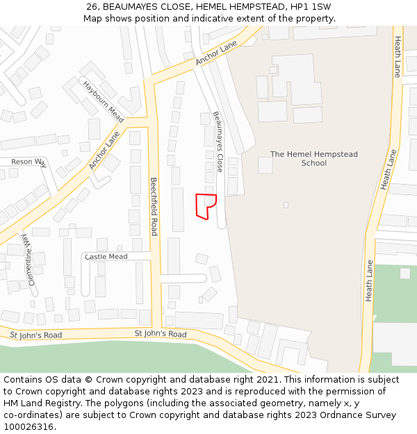 26, BEAUMAYES CLOSE, HEMEL HEMPSTEAD, HP1 1SW: Location map and indicative extent of plot