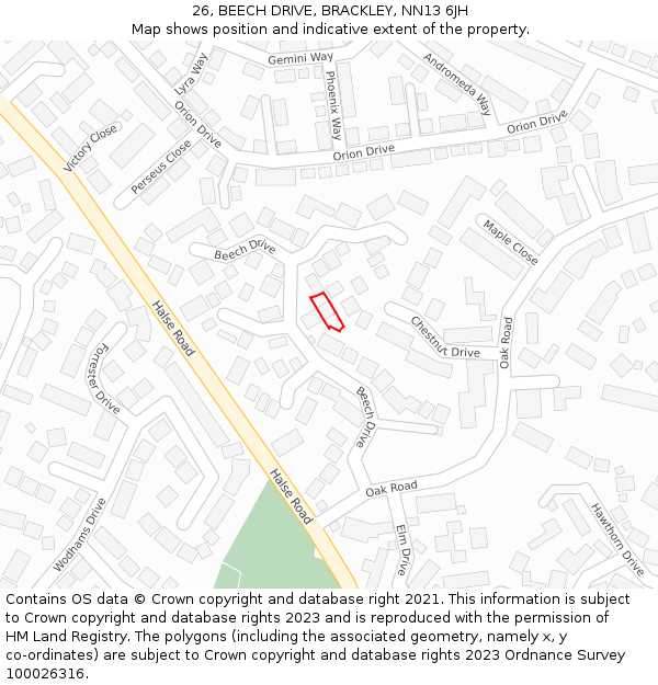 26, BEECH DRIVE, BRACKLEY, NN13 6JH: Location map and indicative extent of plot