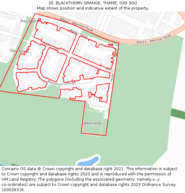 26, BLACKTHORN GRANGE, THAME, OX9 3GG: Location map and indicative extent of plot