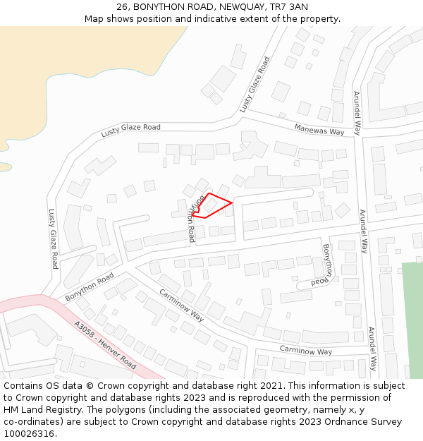 26, BONYTHON ROAD, NEWQUAY, TR7 3AN: Location map and indicative extent of plot