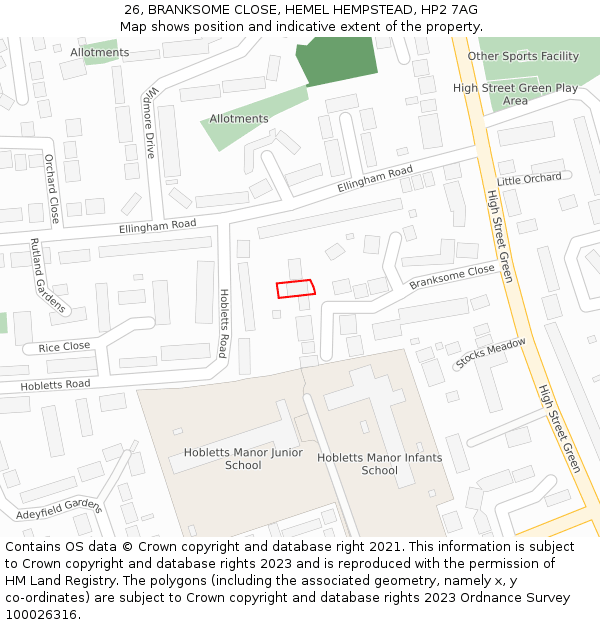 26, BRANKSOME CLOSE, HEMEL HEMPSTEAD, HP2 7AG: Location map and indicative extent of plot