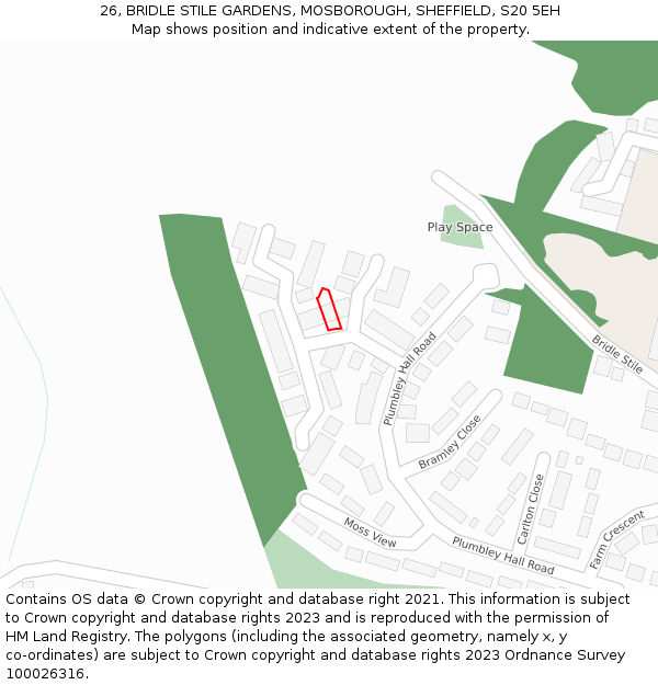 26, BRIDLE STILE GARDENS, MOSBOROUGH, SHEFFIELD, S20 5EH: Location map and indicative extent of plot