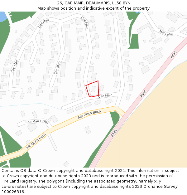 26, CAE MAIR, BEAUMARIS, LL58 8YN: Location map and indicative extent of plot