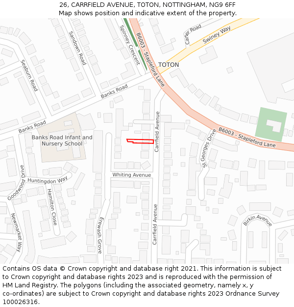 26, CARRFIELD AVENUE, TOTON, NOTTINGHAM, NG9 6FF: Location map and indicative extent of plot