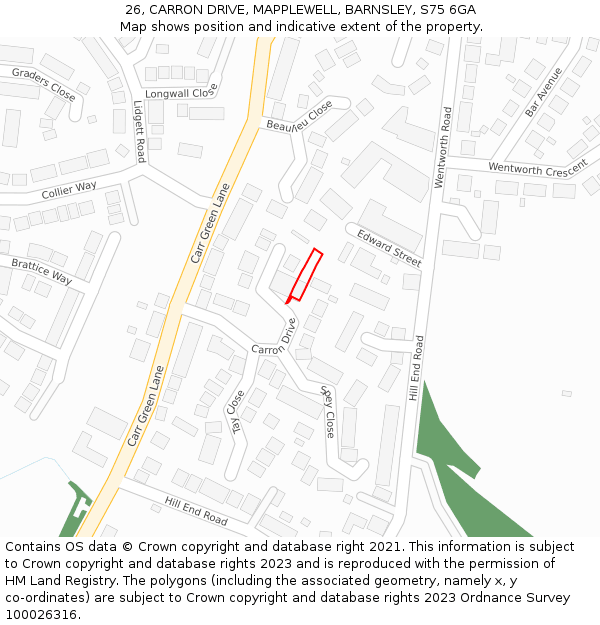 26, CARRON DRIVE, MAPPLEWELL, BARNSLEY, S75 6GA: Location map and indicative extent of plot