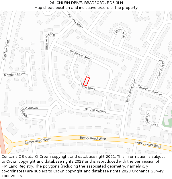 26, CHURN DRIVE, BRADFORD, BD6 3LN: Location map and indicative extent of plot