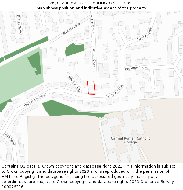 26, CLARE AVENUE, DARLINGTON, DL3 8SL: Location map and indicative extent of plot