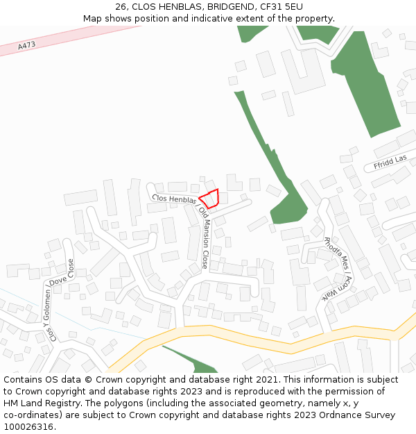 26, CLOS HENBLAS, BRIDGEND, CF31 5EU: Location map and indicative extent of plot