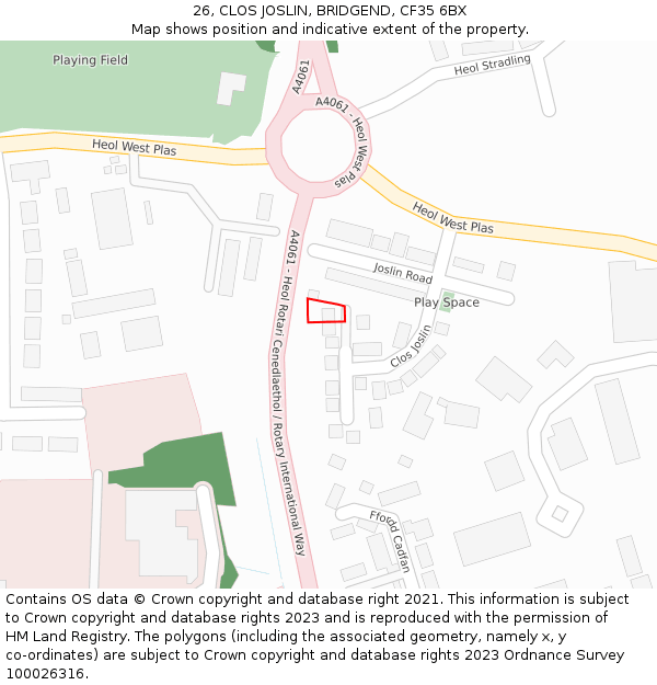 26, CLOS JOSLIN, BRIDGEND, CF35 6BX: Location map and indicative extent of plot